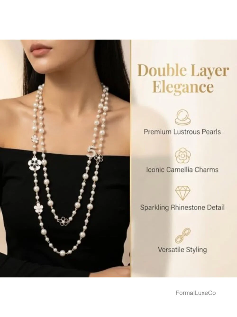 Vintage Layered Faux Pearl Necklace with Camellia Flower & Number 5 Charm